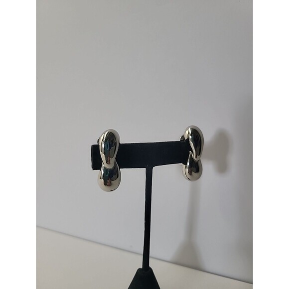 Silver Tone Clip On Earrings Double Teardrop Modern Minimalist High Polish State - Picture 6 of 12